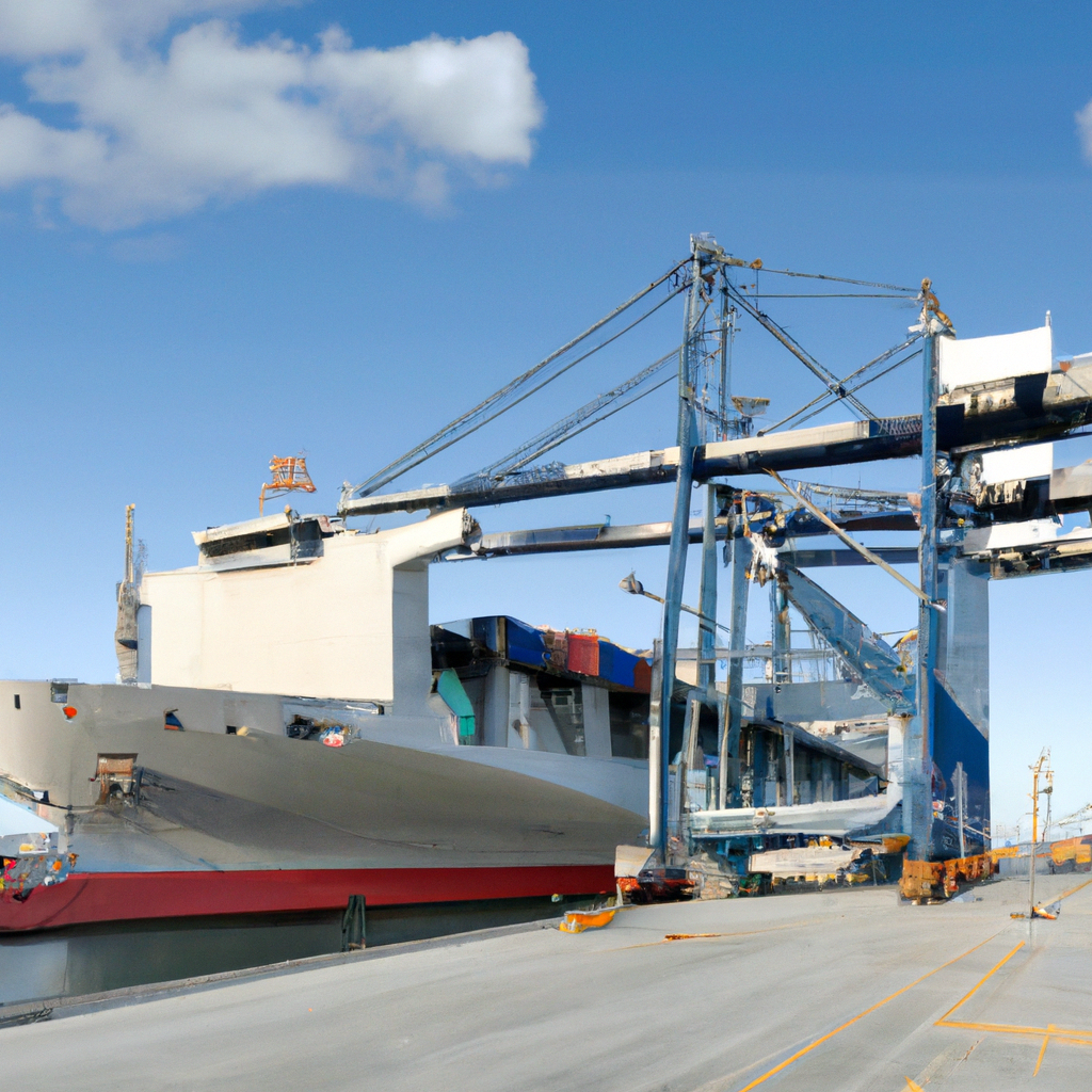 Editorial photo of LNG carrier at Dual with port cranes, stacked containers, berth and quay, loading arms.