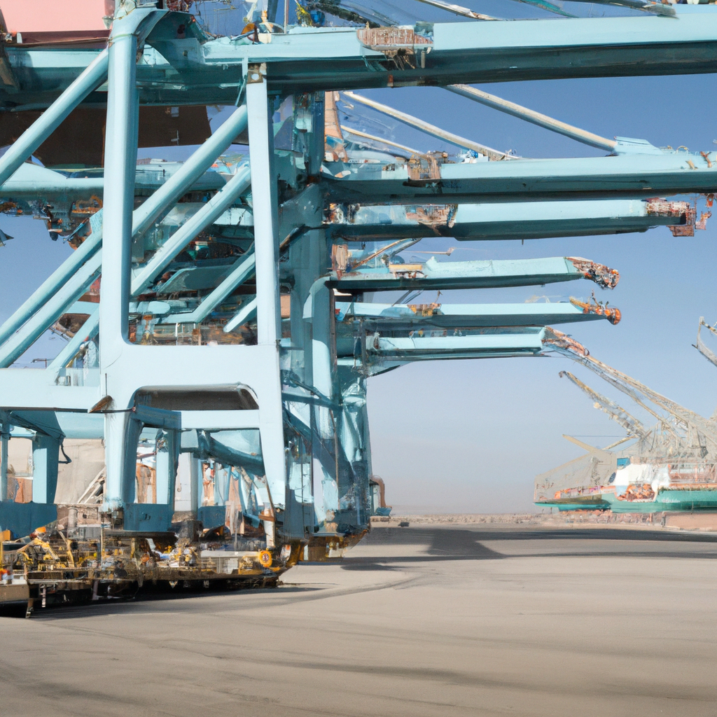 Editorial photo of LNG carrier at Suez with port cranes, stacked containers, berth and quay, loading arms.