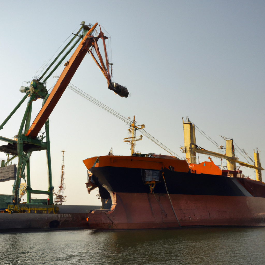 Editorial photo of bulk carrier at Golden Ocean with port cranes, stacked containers, berth and quay, grab cranes.